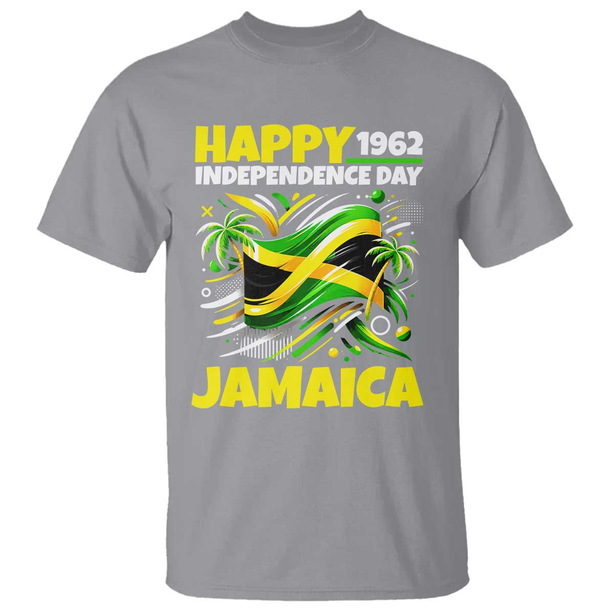 Happy Jamaican Independence Day 1962 Graphic T Shirt Jamaica Waving Flag and Palm Trees Caribbean Pride