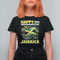 Happy Jamaican Independence Day 1962 Graphic T Shirt For Women Jamaica Waving Flag and Palm Trees Caribbean Pride