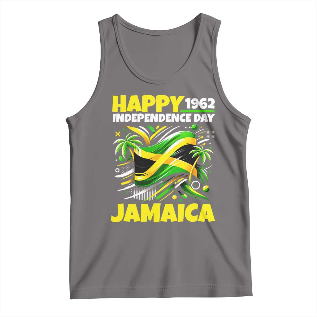 Happy Jamaican Independence Day 1962 Graphic Tank Top Jamaica Waving Flag and Palm Trees Caribbean Pride