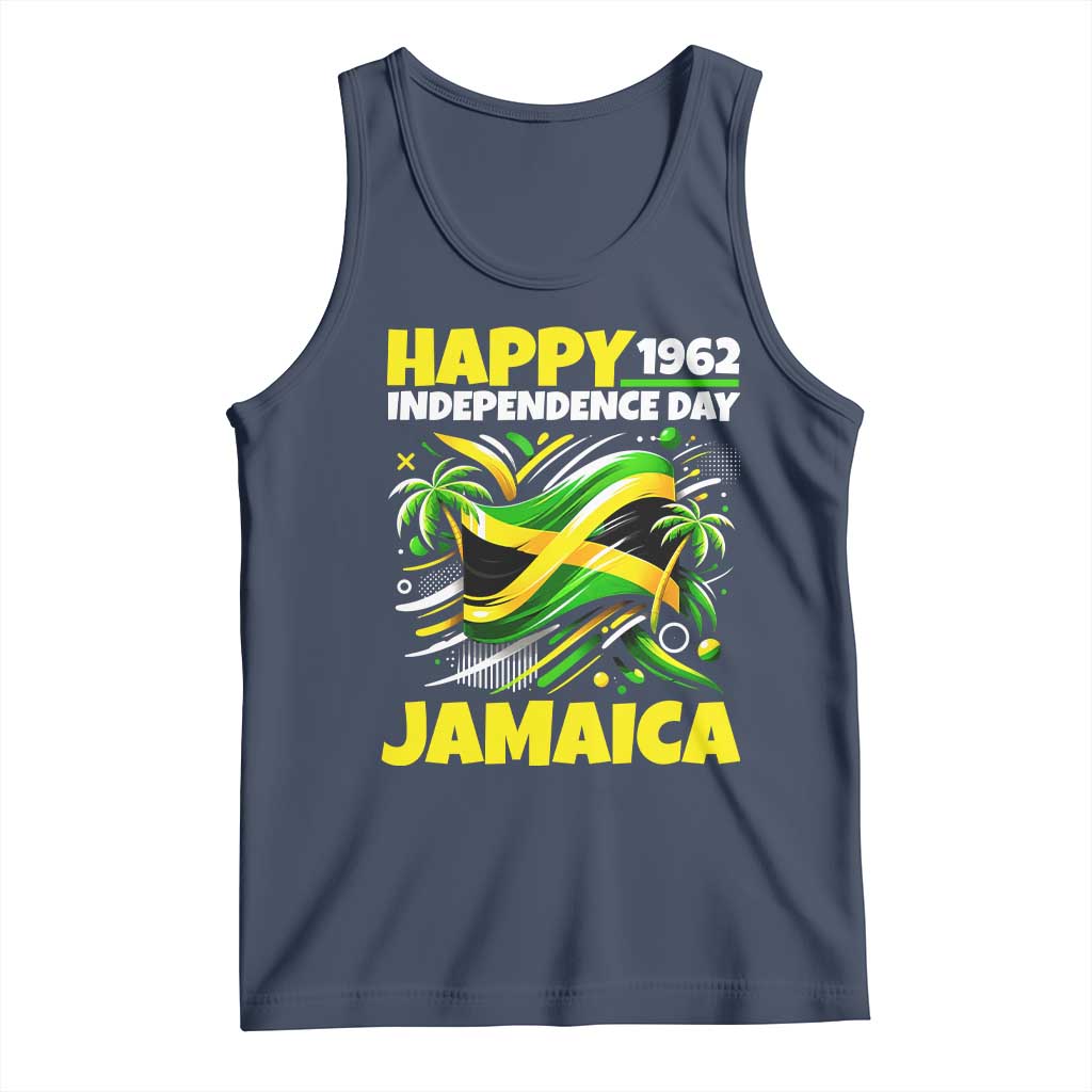 Happy Jamaican Independence Day 1962 Graphic Tank Top Jamaica Waving Flag and Palm Trees Caribbean Pride