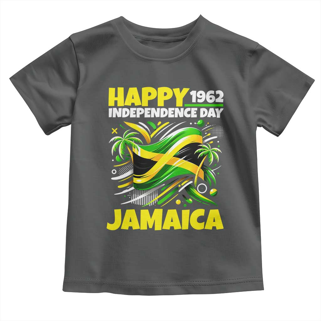 Happy Jamaican Independence Day 1962 Graphic Toddler T Shirt Jamaica Waving Flag and Palm Trees Caribbean Pride