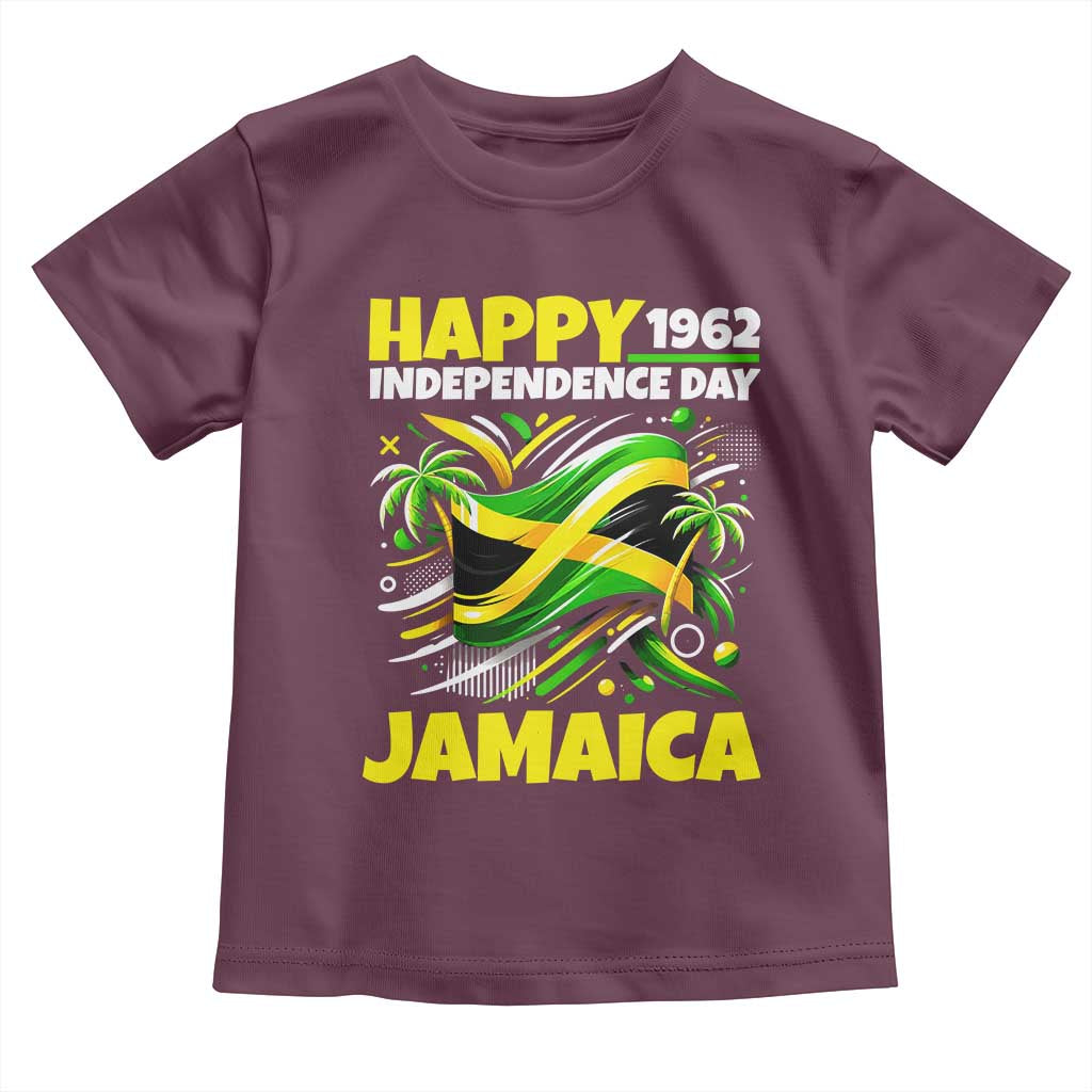 Happy Jamaican Independence Day 1962 Graphic Toddler T Shirt Jamaica Waving Flag and Palm Trees Caribbean Pride