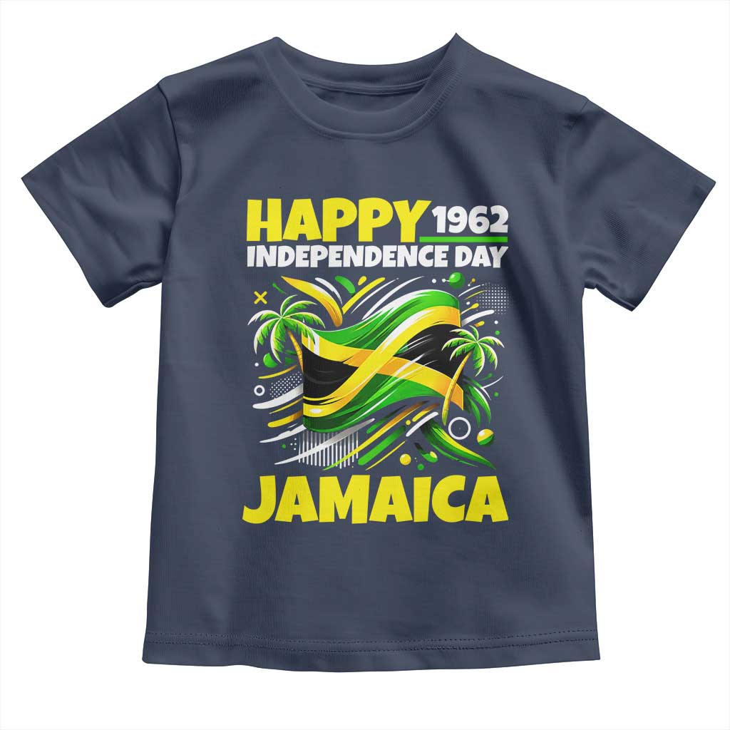 Happy Jamaican Independence Day 1962 Graphic Toddler T Shirt Jamaica Waving Flag and Palm Trees Caribbean Pride
