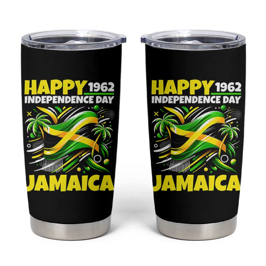 Happy Jamaican Independence Day 1962 Graphic Tumbler Cup Jamaica Waving Flag and Palm Trees Caribbean Pride