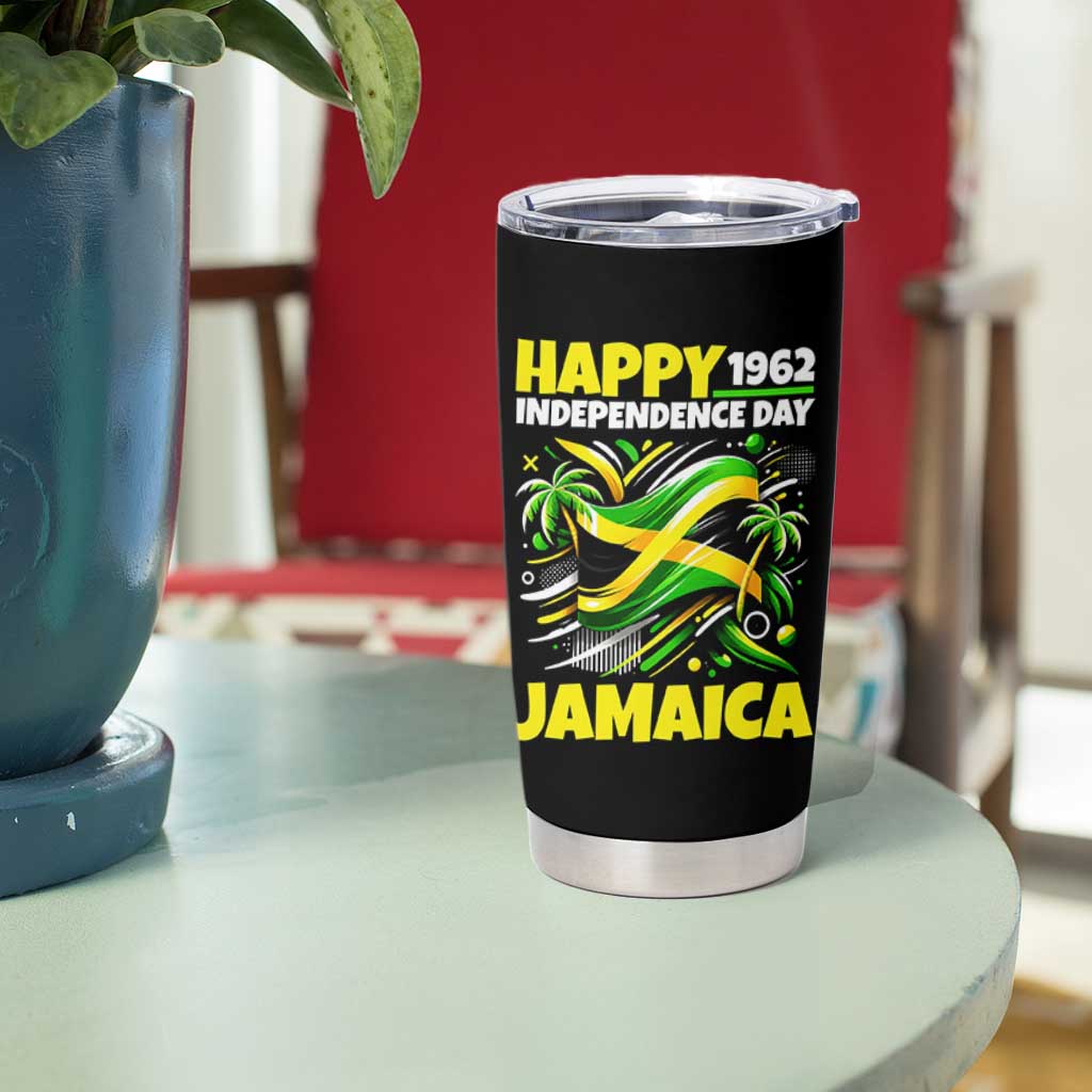 Happy Jamaican Independence Day 1962 Graphic Tumbler Cup Jamaica Waving Flag and Palm Trees Caribbean Pride