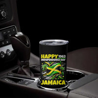 Happy Jamaican Independence Day 1962 Graphic Tumbler Cup Jamaica Waving Flag and Palm Trees Caribbean Pride