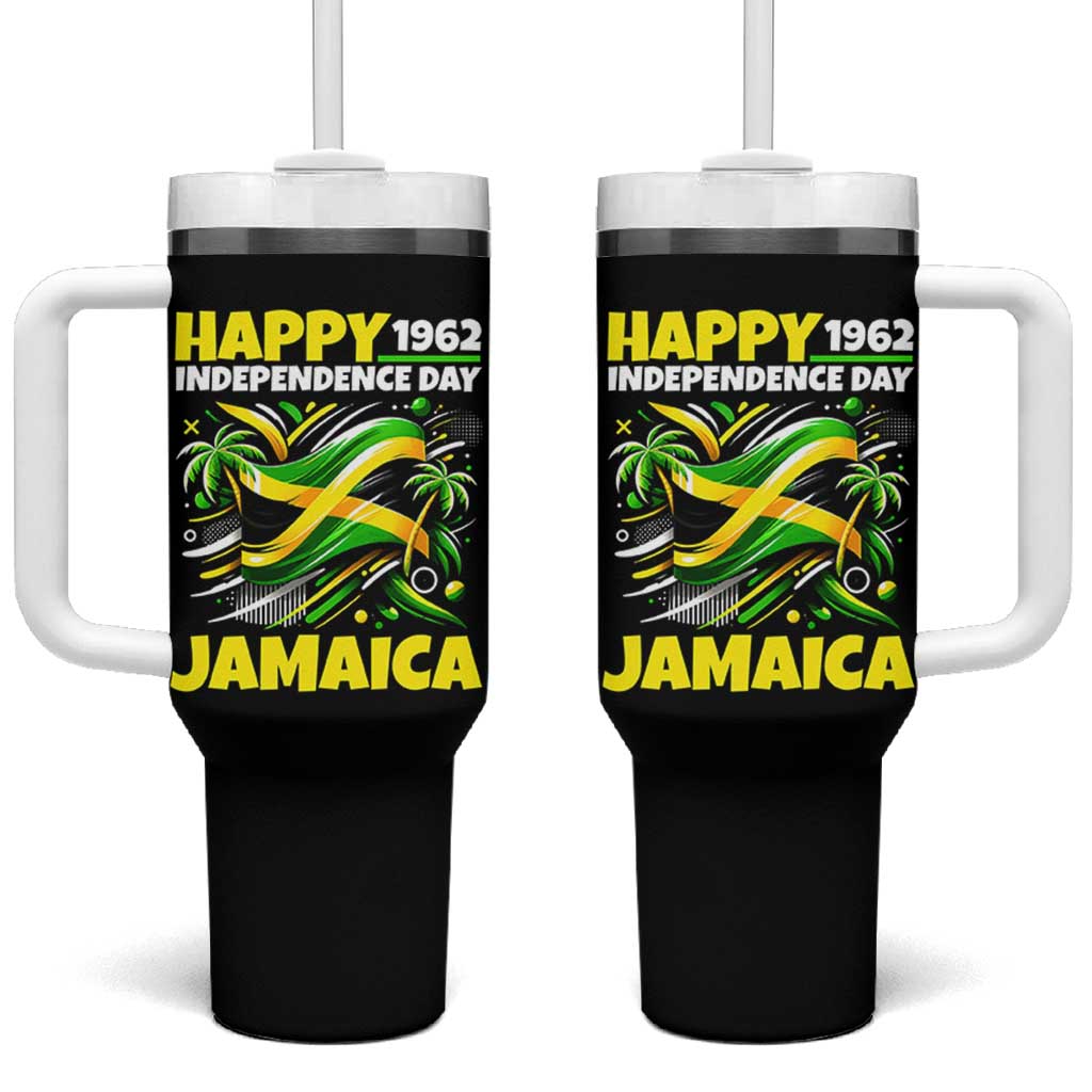 Happy Jamaican Independence Day 1962 Graphic Tumbler With Handle Jamaica Waving Flag and Palm Trees Caribbean Pride