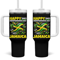 Happy Jamaican Independence Day 1962 Graphic Tumbler With Handle Jamaica Waving Flag and Palm Trees Caribbean Pride