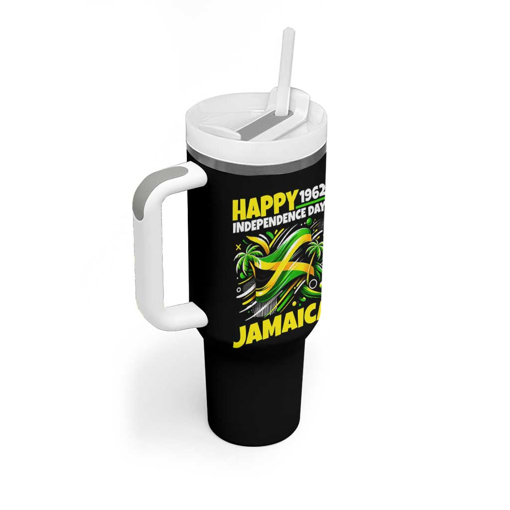 Happy Jamaican Independence Day 1962 Graphic Tumbler With Handle Jamaica Waving Flag and Palm Trees Caribbean Pride