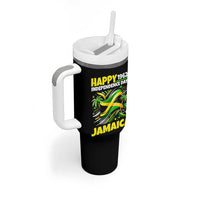 Happy Jamaican Independence Day 1962 Graphic Tumbler With Handle Jamaica Waving Flag and Palm Trees Caribbean Pride