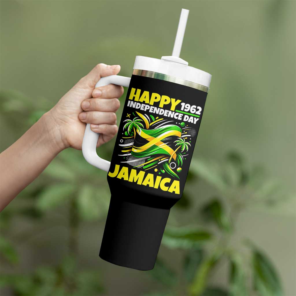 Happy Jamaican Independence Day 1962 Graphic Tumbler With Handle Jamaica Waving Flag and Palm Trees Caribbean Pride