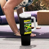 Happy Jamaican Independence Day 1962 Graphic Tumbler With Handle Jamaica Waving Flag and Palm Trees Caribbean Pride