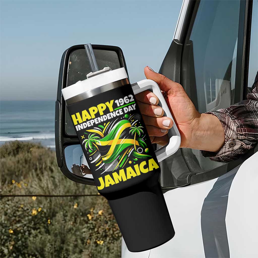 Happy Jamaican Independence Day 1962 Graphic Tumbler With Handle Jamaica Waving Flag and Palm Trees Caribbean Pride