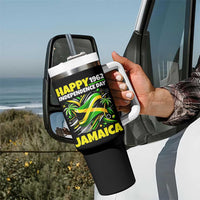 Happy Jamaican Independence Day 1962 Graphic Tumbler With Handle Jamaica Waving Flag and Palm Trees Caribbean Pride