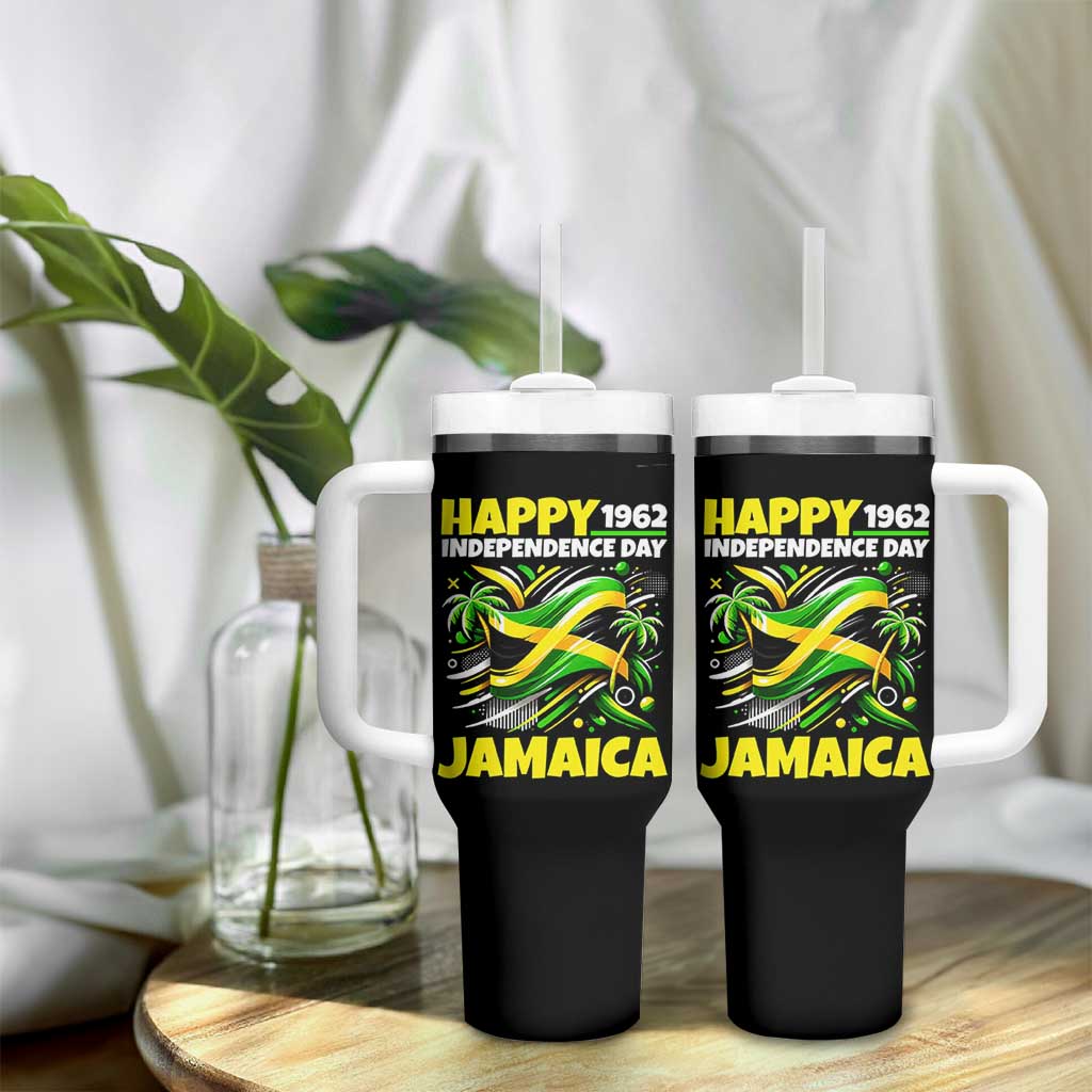 Happy Jamaican Independence Day 1962 Graphic Tumbler With Handle Jamaica Waving Flag and Palm Trees Caribbean Pride