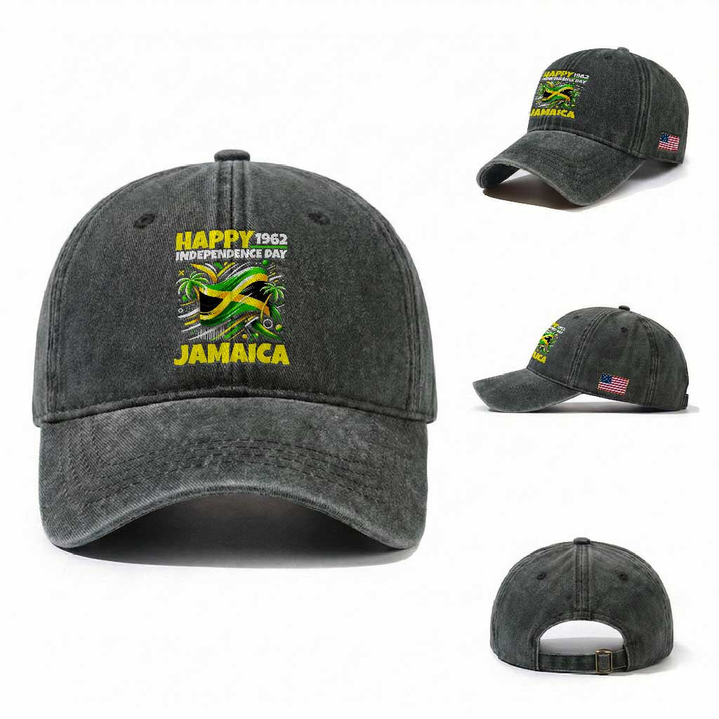 Happy Jamaican Independence Day 1962 Graphic Washed Cotton Baseball Cap Jamaica Waving Flag and Palm Trees Caribbean Pride