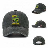 Happy Jamaican Independence Day 1962 Graphic Washed Cotton Baseball Cap Jamaica Waving Flag and Palm Trees Caribbean Pride
