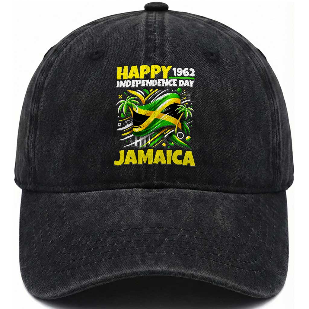 Happy Jamaican Independence Day 1962 Graphic Washed Cotton Baseball Cap Jamaica Waving Flag and Palm Trees Caribbean Pride