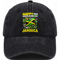Happy Jamaican Independence Day 1962 Graphic Washed Cotton Baseball Cap Jamaica Waving Flag and Palm Trees Caribbean Pride