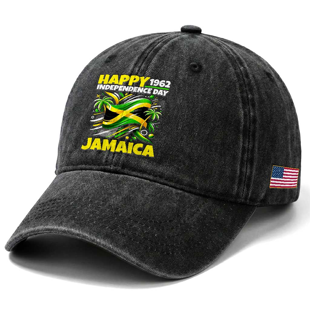 Happy Jamaican Independence Day 1962 Graphic Washed Cotton Baseball Cap Jamaica Waving Flag and Palm Trees Caribbean Pride