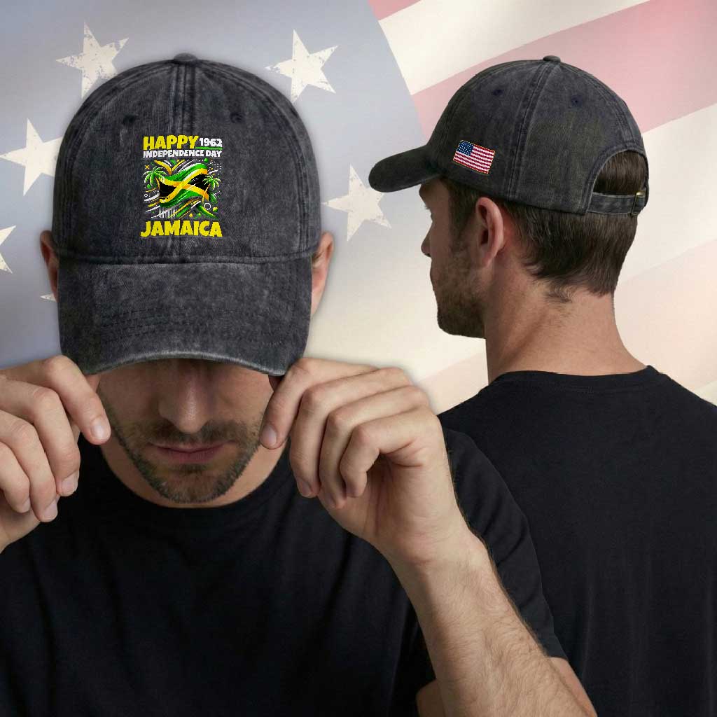 Happy Jamaican Independence Day 1962 Graphic Washed Cotton Baseball Cap Jamaica Waving Flag and Palm Trees Caribbean Pride