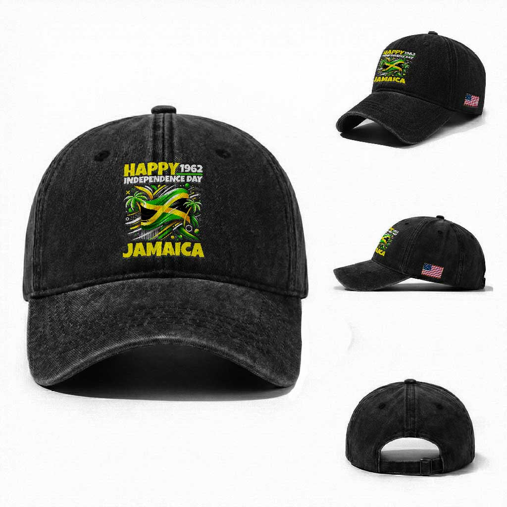 Happy Jamaican Independence Day 1962 Graphic Washed Cotton Baseball Cap Jamaica Waving Flag and Palm Trees Caribbean Pride
