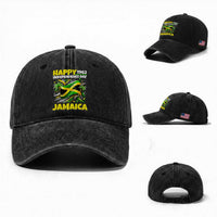 Happy Jamaican Independence Day 1962 Graphic Washed Cotton Baseball Cap Jamaica Waving Flag and Palm Trees Caribbean Pride