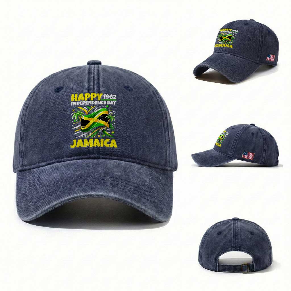 Happy Jamaican Independence Day 1962 Graphic Washed Cotton Baseball Cap Jamaica Waving Flag and Palm Trees Caribbean Pride
