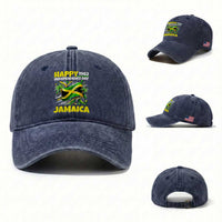 Happy Jamaican Independence Day 1962 Graphic Washed Cotton Baseball Cap Jamaica Waving Flag and Palm Trees Caribbean Pride