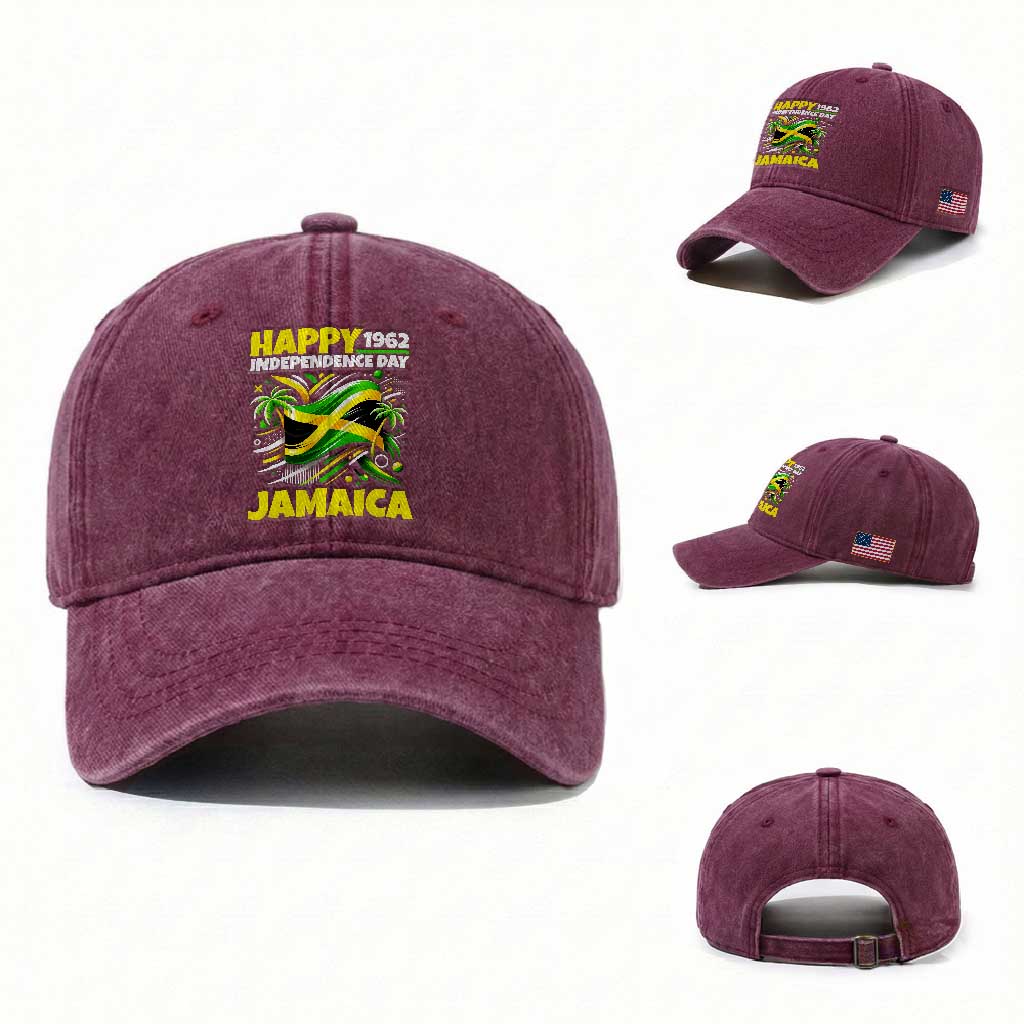Happy Jamaican Independence Day 1962 Graphic Washed Cotton Baseball Cap Jamaica Waving Flag and Palm Trees Caribbean Pride