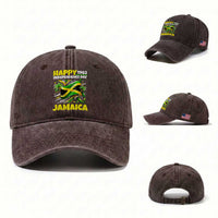 Happy Jamaican Independence Day 1962 Graphic Washed Cotton Baseball Cap Jamaica Waving Flag and Palm Trees Caribbean Pride