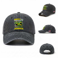 Happy Jamaican Independence Day 1962 Graphic Washed Cotton Baseball Cap Jamaica Waving Flag and Palm Trees Caribbean Pride