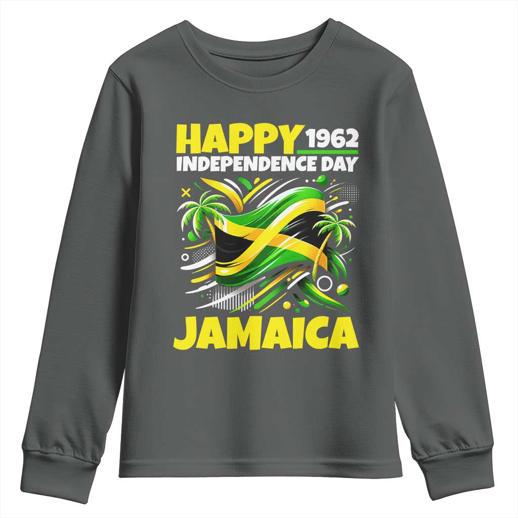 Happy Jamaican Independence Day 1962 Graphic Youth Sweatshirt Jamaica Waving Flag and Palm Trees Caribbean Pride