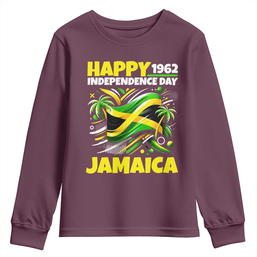 Happy Jamaican Independence Day 1962 Graphic Youth Sweatshirt Jamaica Waving Flag and Palm Trees Caribbean Pride