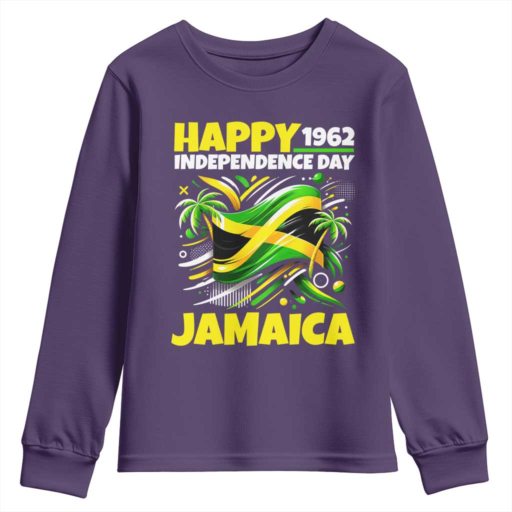 Happy Jamaican Independence Day 1962 Graphic Youth Sweatshirt Jamaica Waving Flag and Palm Trees Caribbean Pride