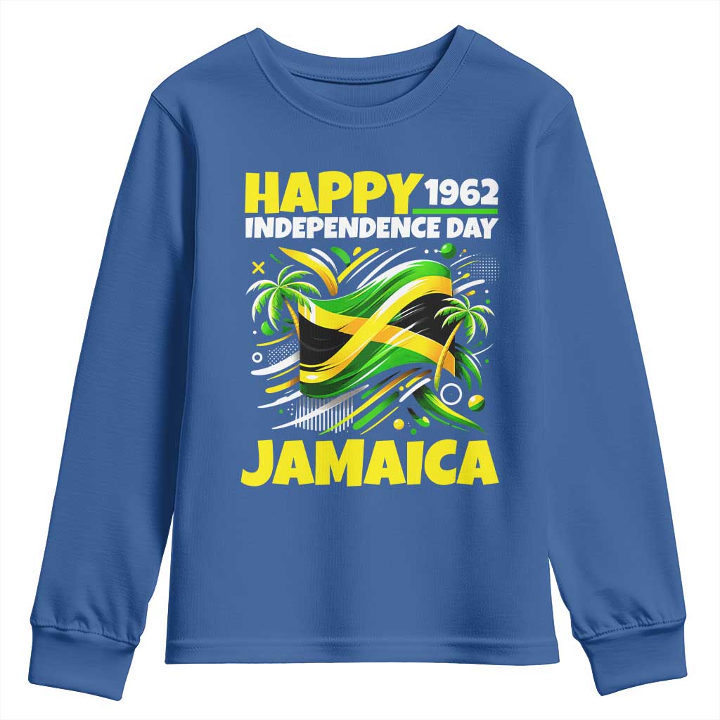 Happy Jamaican Independence Day 1962 Graphic Youth Sweatshirt Jamaica Waving Flag and Palm Trees Caribbean Pride