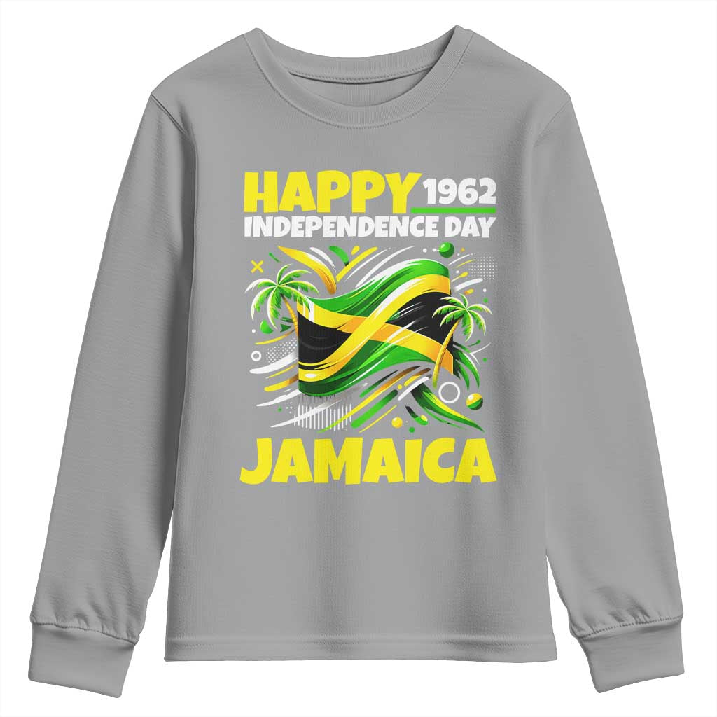 Happy Jamaican Independence Day 1962 Graphic Youth Sweatshirt Jamaica Waving Flag and Palm Trees Caribbean Pride