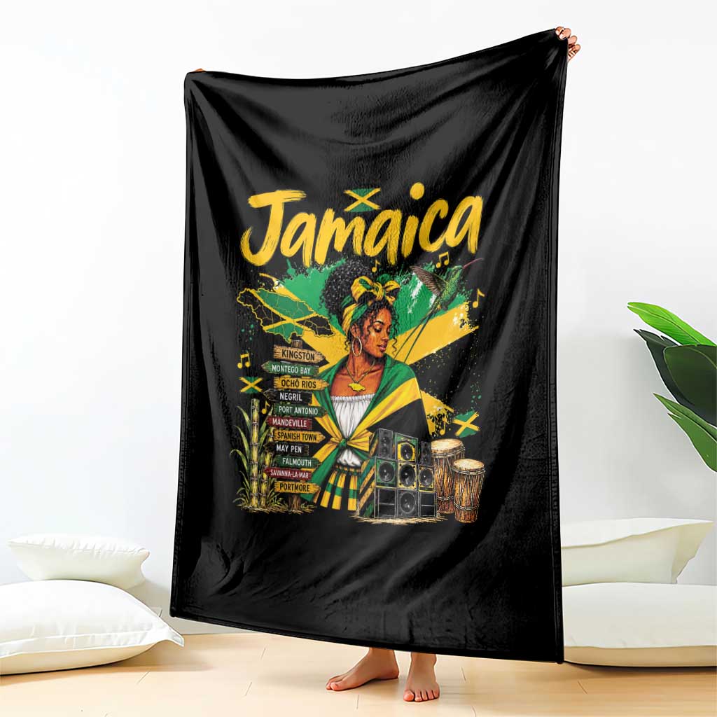 Proud Jamaican Queen Jamaica Roots Heritage Throw Blanket Doctor Bird and Island Landmarks Graphic