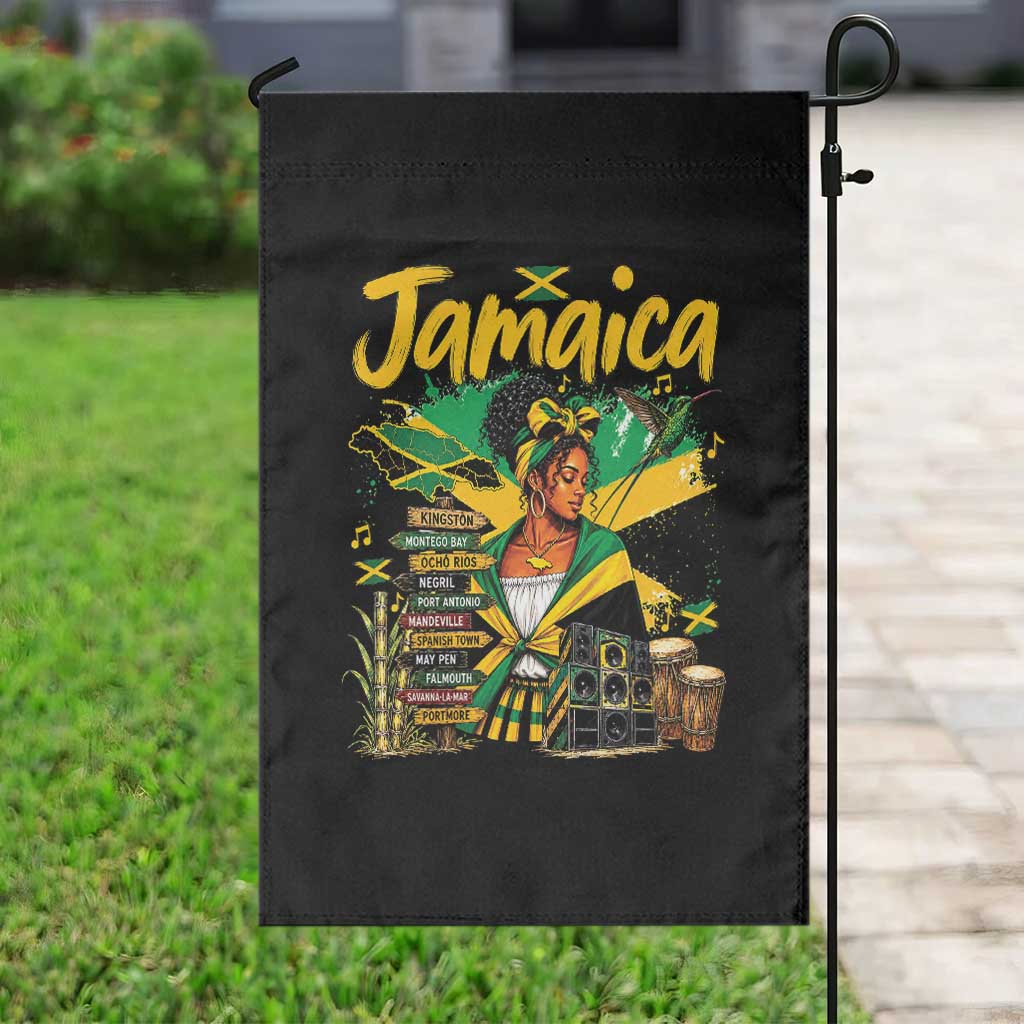 Proud Jamaican Queen Jamaica Roots Heritage Garden Flag Doctor Bird and Island Landmarks Graphic