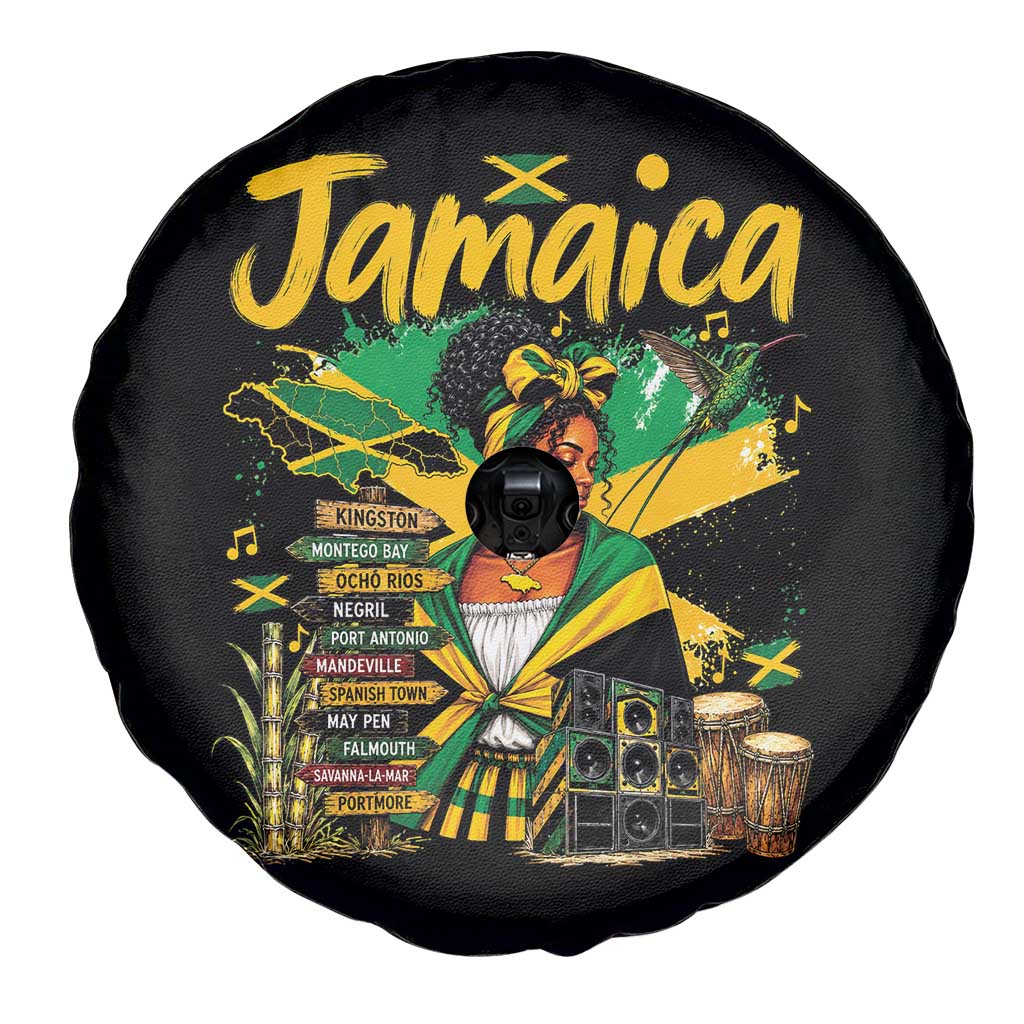 Proud Jamaican Queen Jamaica Roots Heritage Spare Tire Cover Doctor Bird and Island Landmarks Graphic