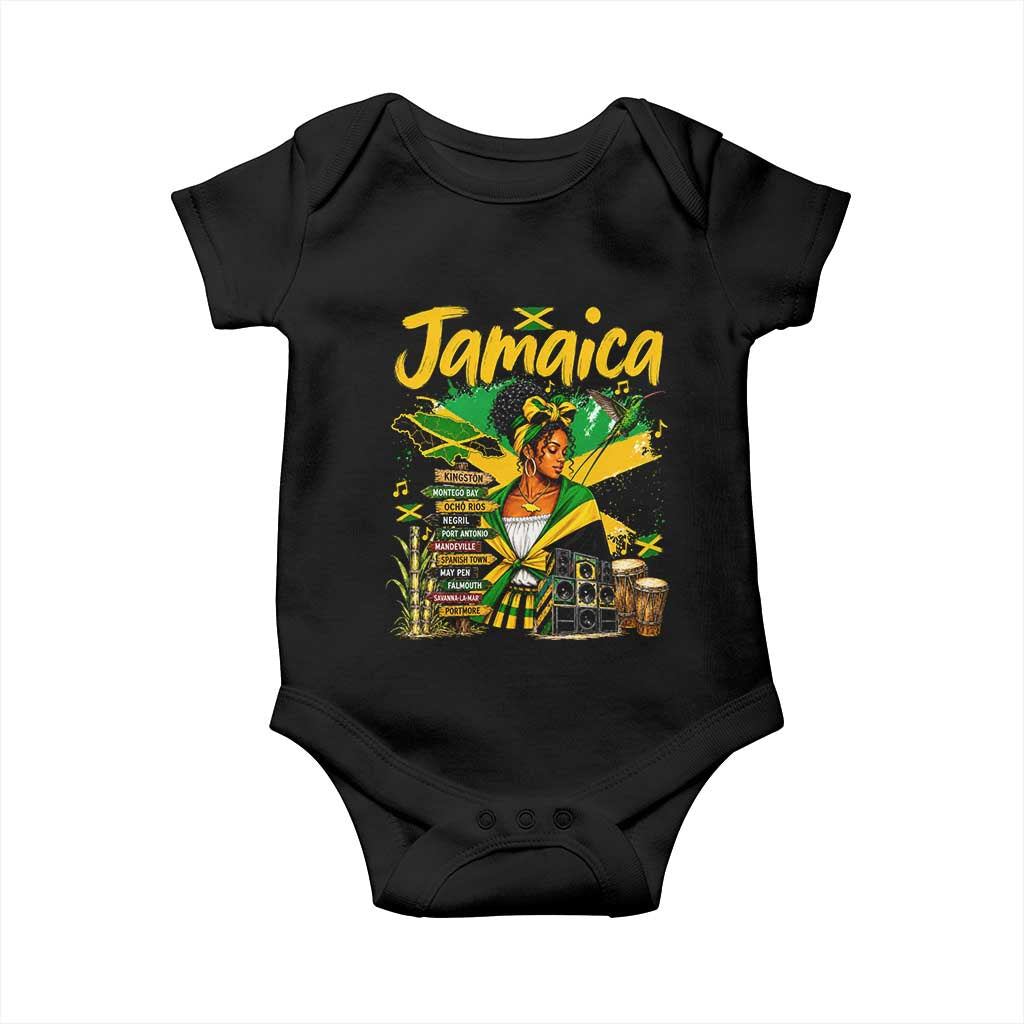 Proud Jamaican Queen Jamaica Roots Heritage Baby Onesie Doctor Bird and Island Landmarks Graphic