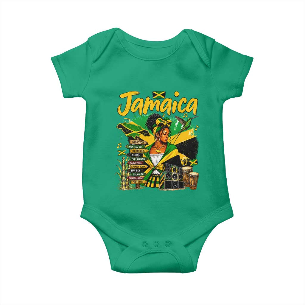 Proud Jamaican Queen Jamaica Roots Heritage Baby Onesie Doctor Bird and Island Landmarks Graphic