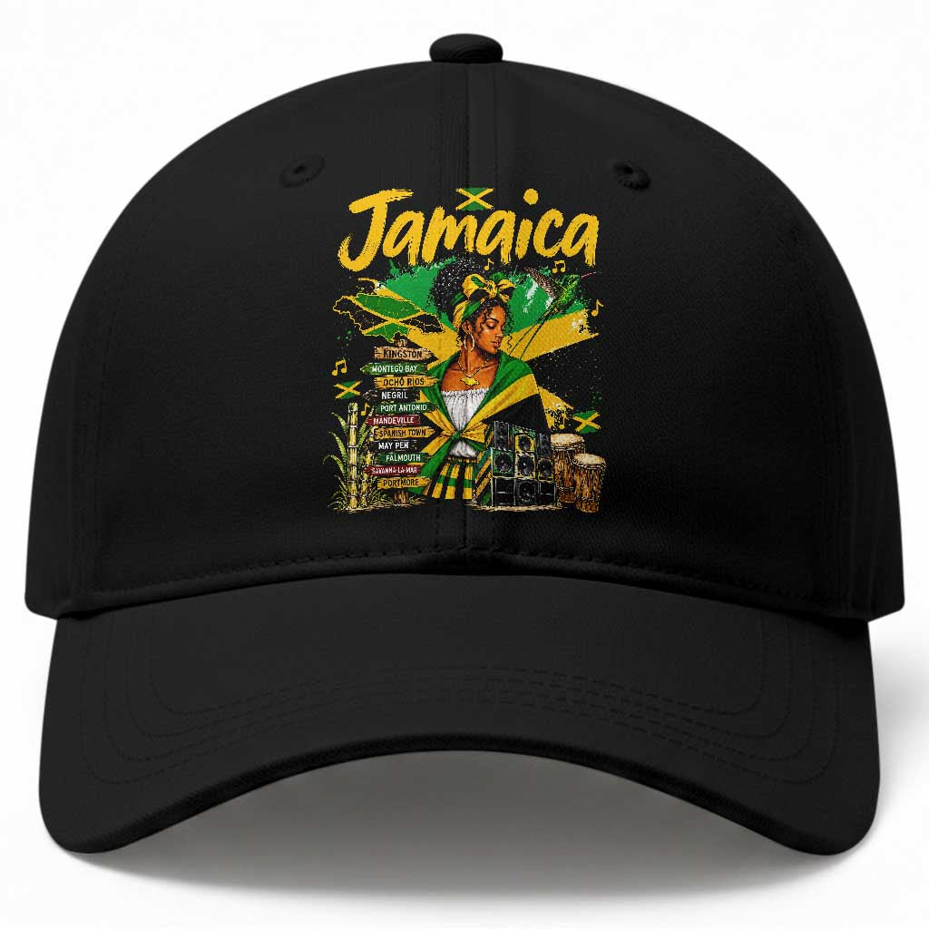 Proud Jamaican Queen Jamaica Roots Heritage Baseball Cap Doctor Bird and Island Landmarks Graphic