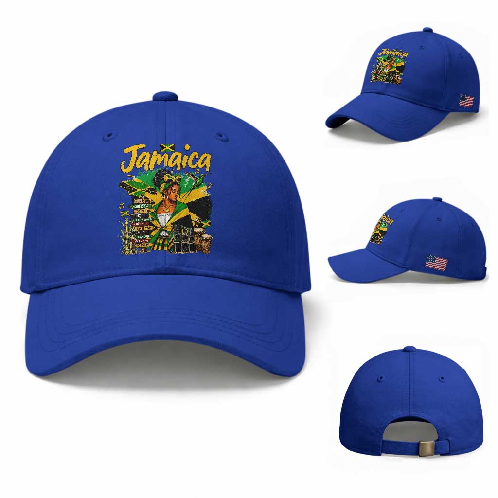 Proud Jamaican Queen Jamaica Roots Heritage Baseball Cap Doctor Bird and Island Landmarks Graphic