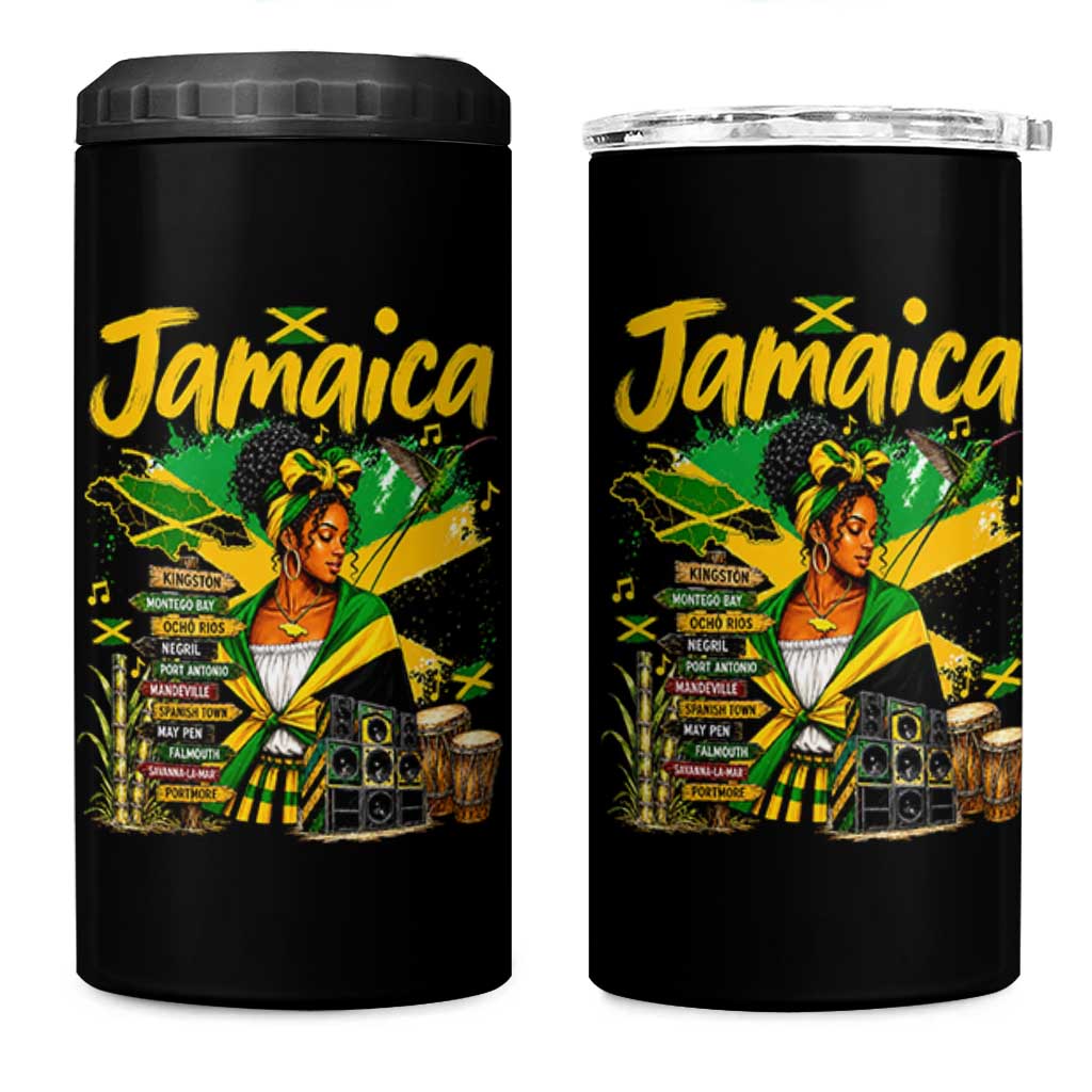 Proud Jamaican Queen Jamaica Roots Heritage 4 in 1 Can Cooler Tumbler Doctor Bird and Island Landmarks Graphic