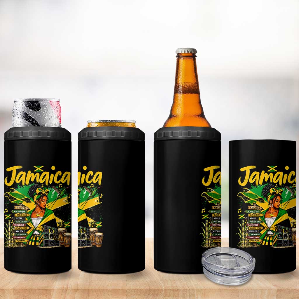 Proud Jamaican Queen Jamaica Roots Heritage 4 in 1 Can Cooler Tumbler Doctor Bird and Island Landmarks Graphic