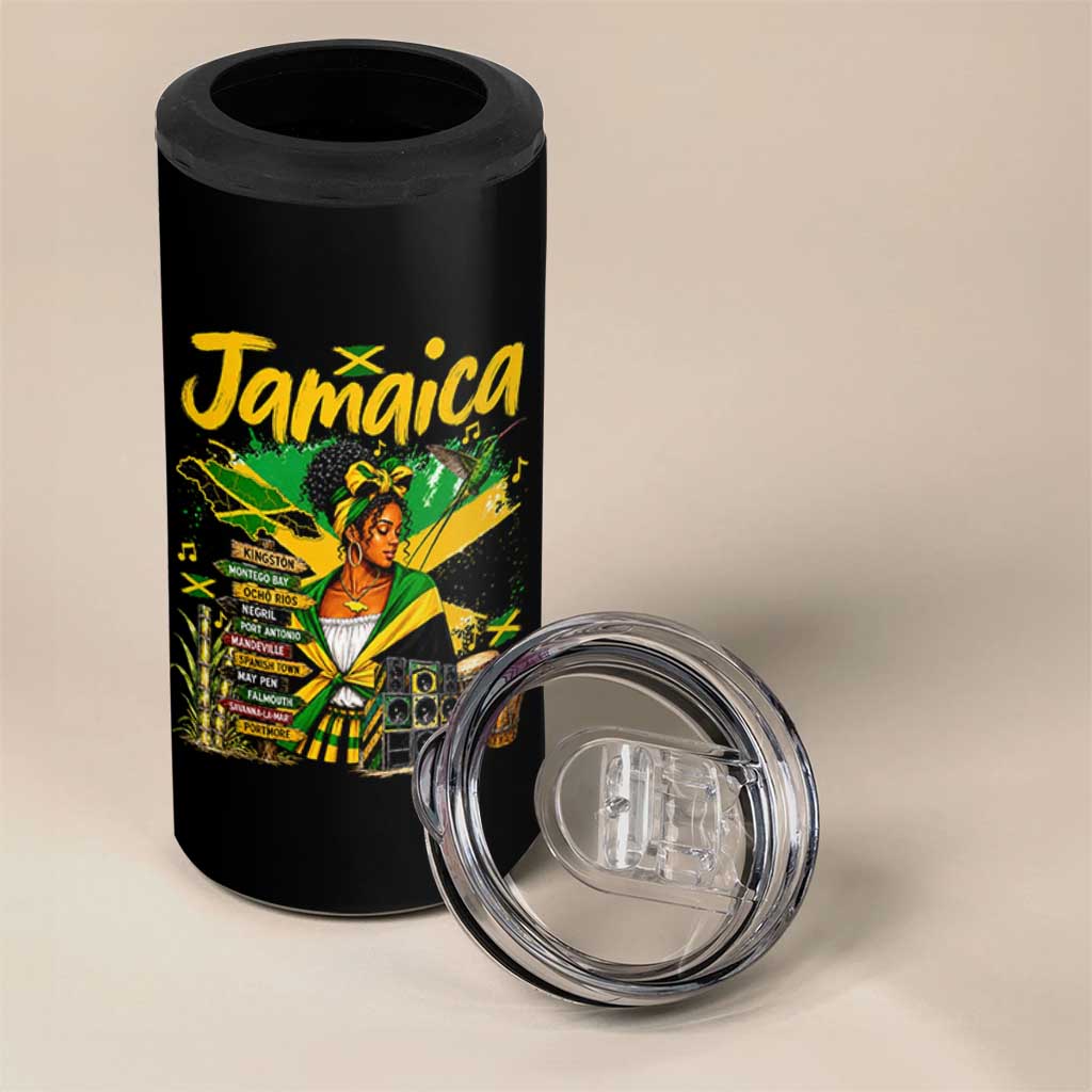 Proud Jamaican Queen Jamaica Roots Heritage 4 in 1 Can Cooler Tumbler Doctor Bird and Island Landmarks Graphic