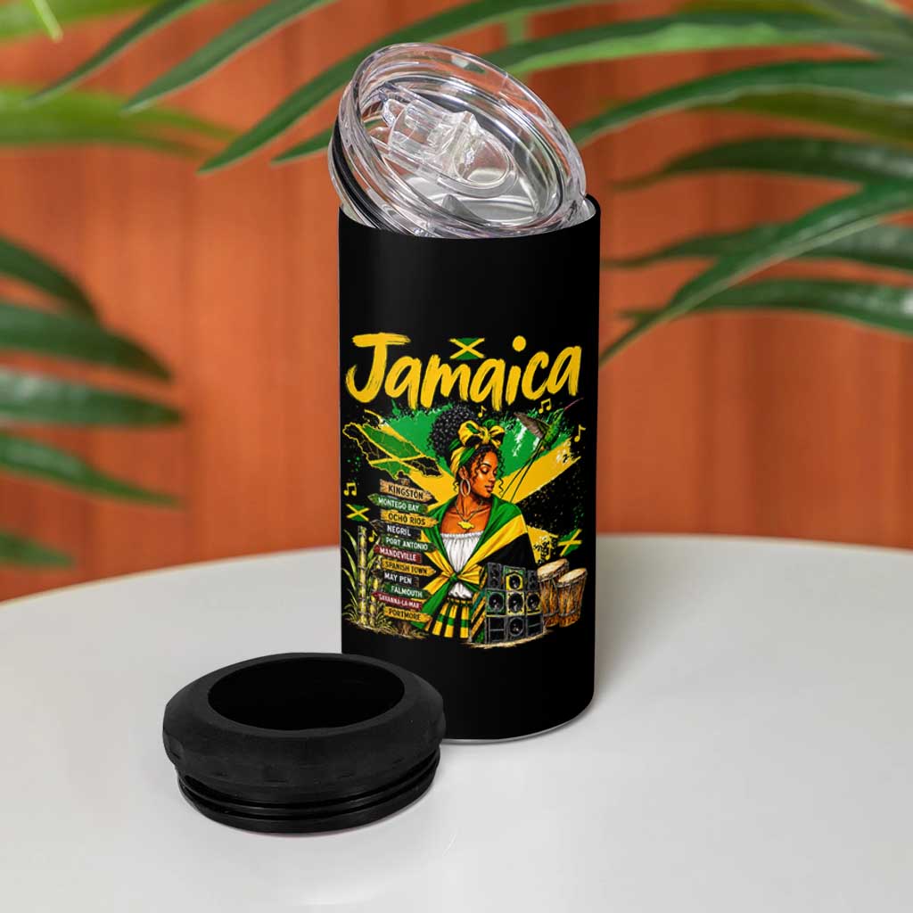 Proud Jamaican Queen Jamaica Roots Heritage 4 in 1 Can Cooler Tumbler Doctor Bird and Island Landmarks Graphic
