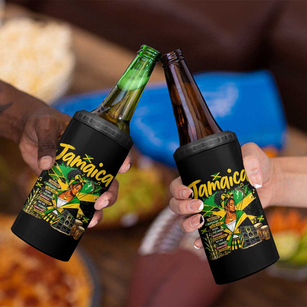 Proud Jamaican Queen Jamaica Roots Heritage 4 in 1 Can Cooler Tumbler Doctor Bird and Island Landmarks Graphic