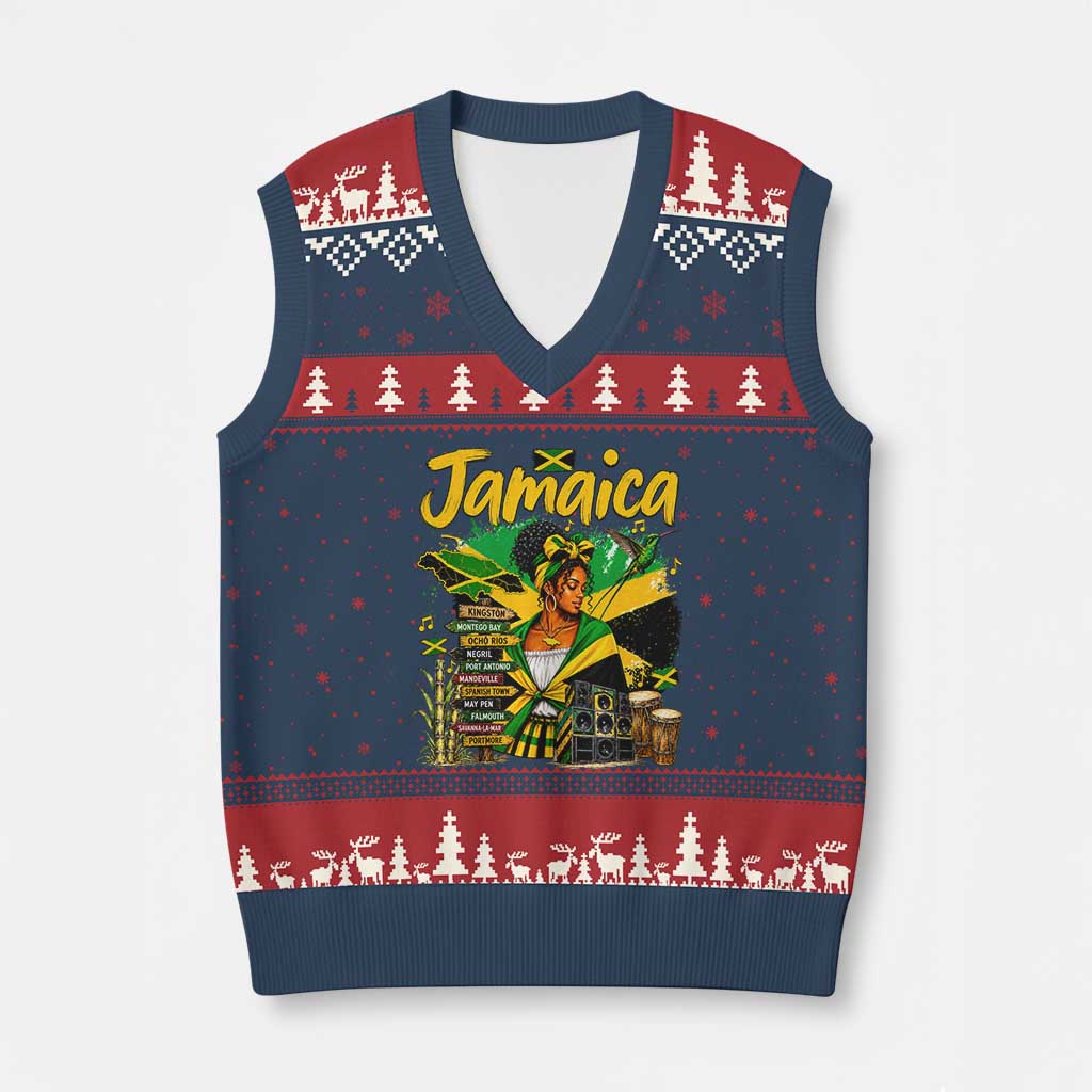 Proud Jamaican Queen Jamaica Roots Heritage V-Neck Knit Sweater Vest Doctor Bird and Island Landmarks Graphic